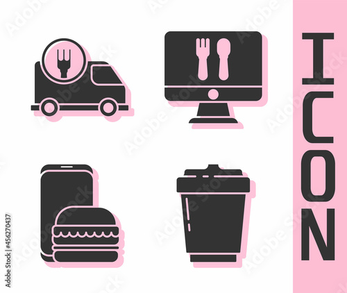Set Coffee cup to go, Fast delivery by car, Online ordering and delivery and Online ordering and delivery icon. Vector
