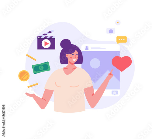 Woman earning money online in social media. Successful blogger monetizes video blog. Concept of blog monetization, earn money in internet, online income. Vector illustration in flat for web UI design