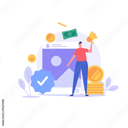 Man earning money online in social media. Blogger monetizes blog and shares post. Concept of blog monetization, earn money in internet, online income. Vector illustration in flat for web UI design