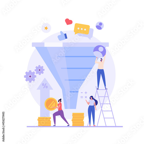 Marketing team earning money and generating leads. Increasing rates with sales funnel. Concept of monetization, earn money online, lead generation. Vector illustration in flat for web UI design