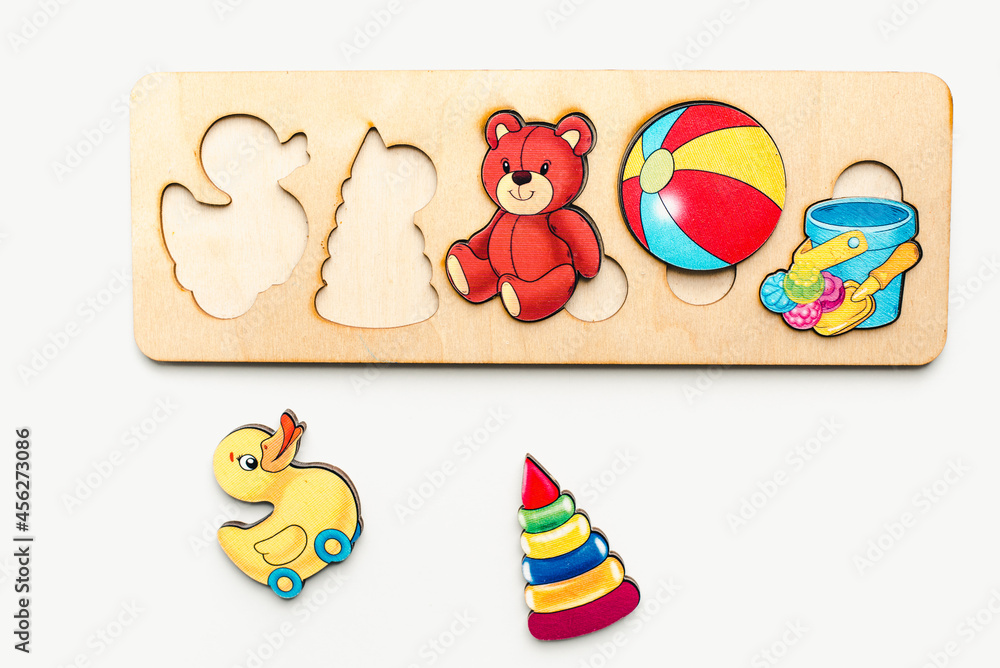 Educational toys on a white background. Wooden toys on a white background. Bright pictures. Wooden pictures. 