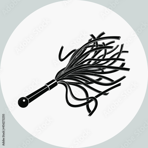 Black whip sex toy. BDSM accessory for sexual role play. Erotic icon, fetish. Isolated vector illustration.
