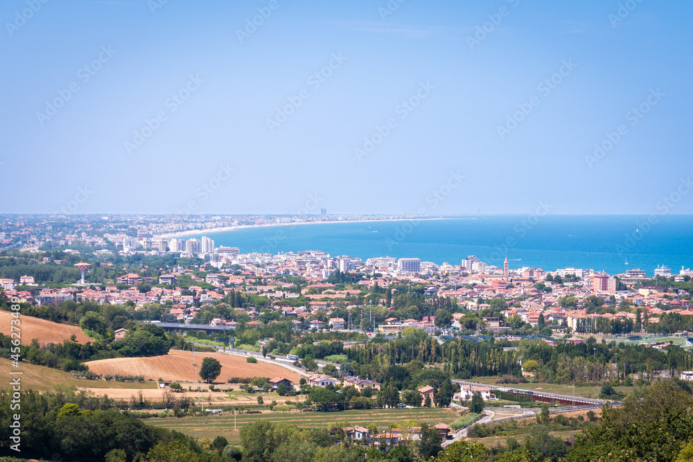 The towns of Cattolica and Riccione with the Adriatic Sea views from Gradara Castle in Marche, Italy