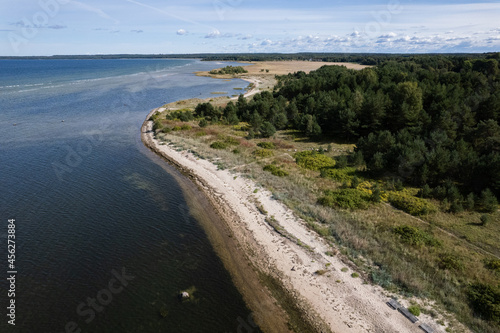 Aerial drone view over northern coastline of Baltic Sea. Summer nature beach in Estonia. 