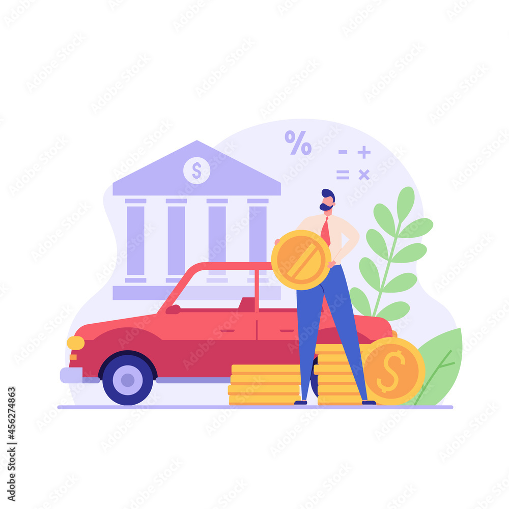 Man purchases car with bank loan. Happy client buying new automobile on motor credit. Concept of auto credit, car loan, auto finance, banking products. Vector illustration in flat for web banners, UI Man purchases car with bank loan. Happy client buying new automobile on motor credit. Concept of auto credit, car loan, auto finance, banking products. Vector illustration in flat for web banners, UI