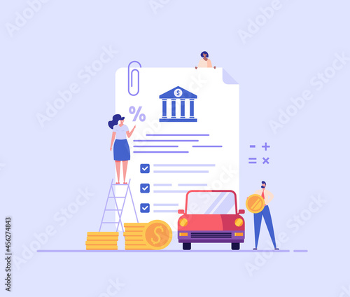 People purchase car on bank loan. Happy clients buying new automobile on motor credit. Concept of auto credit, car loan, auto finance, bank products. Vector illustration in flat for web banners, UI