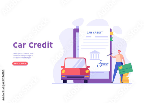 Man purchases car with bank loan. Happy client buying new automobile on motor credit. Concept of auto credit, car loan, auto finance, signing contract. Vector illustration in flat for web banners