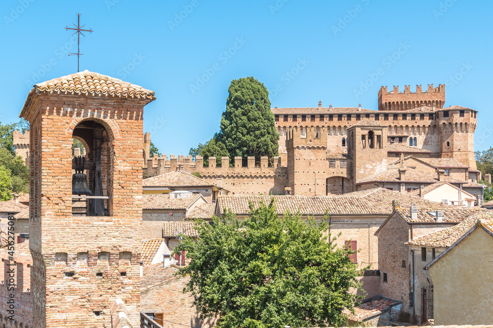 Gradara medieval village, view of the Rocca, walkway on the walls, Pesaro and Urbino, Marche region, Italy Europe