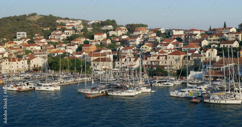 Yacht anchorage in Trogir, Croatia. Moored yachts can be rented. Trogir is a popular place to rent a yacht. Yacht anchorage in Trogir, Croatia. Moored yachts can be rented. Trogir is a popular place to rent a yacht.