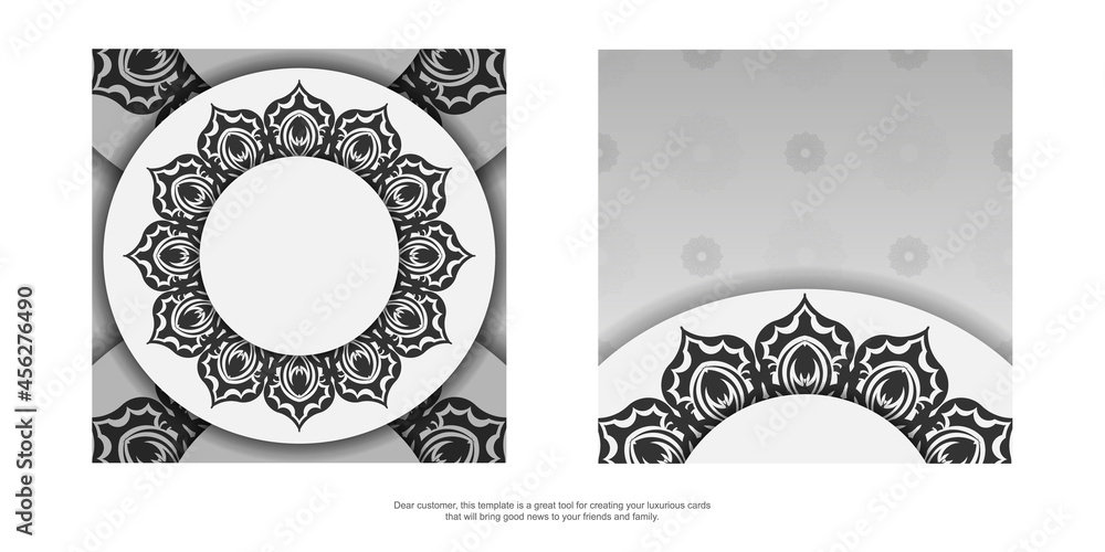 Fototapeta premium Ready-to-print postcard design in white with black mandala ornaments. Invitation template with space for your text and patterns.