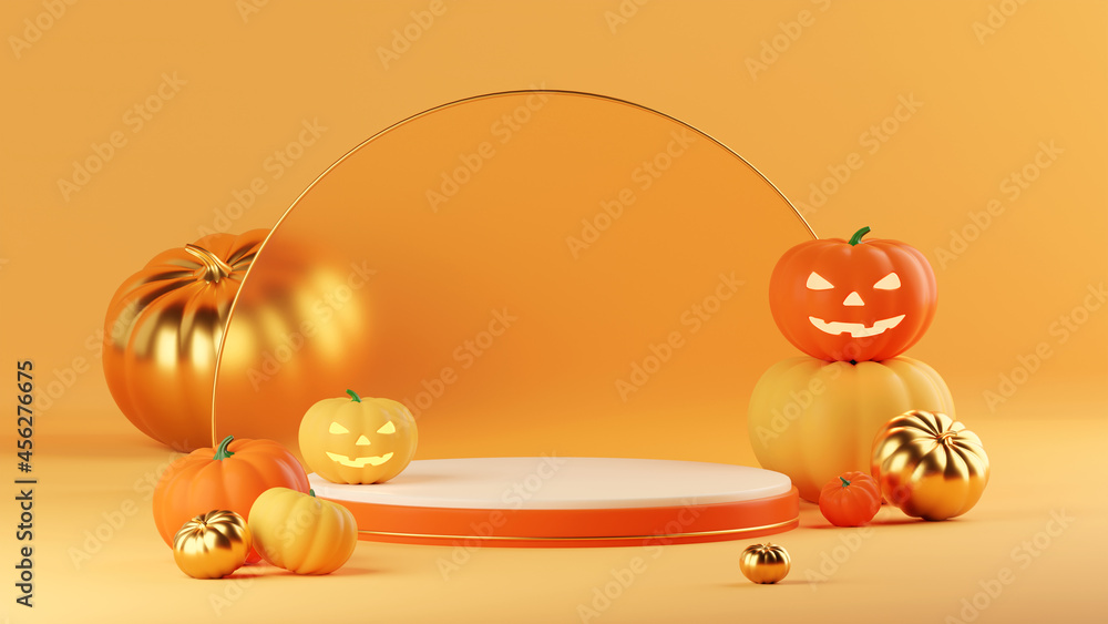 3d layout Halloween scene with product podium on orange background ...