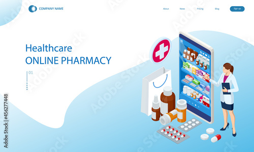 Online pharmacy and medicine with a medical app. Buying medicines online. Mobile service or app for purchasing medicines in online pharmacy drugstore.