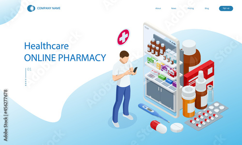 Online pharmacy and medicine with a medical app. Buying medicines online. Mobile service or app for purchasing medicines in online pharmacy drugstore.