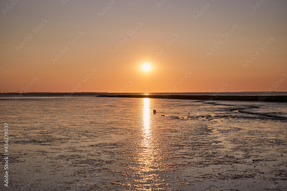 Sehestedt, sunset on the North Sea at low tide, Wadden Sea