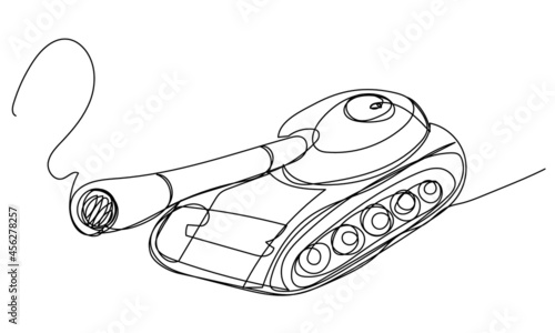Tank in one line on a white background. Cartoon military equipment for the Day of the Tankman. Transport of military forces. Stock vector graphics.