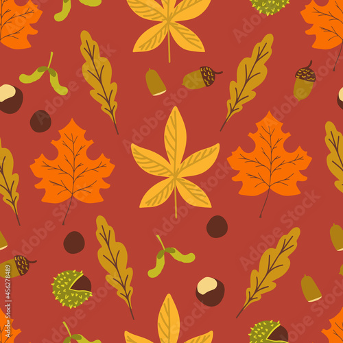 Seamless pattern of fallen autumn leaves of different shapes. Autumn background, poster with different leaves. Seasonal autumn elements for creating postcards, invitations, Cartoon flat style. vector 