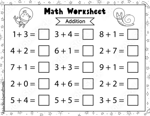 Math worksheet for kids. Addition and Subtraction. Space black and white mathematic activity page with cute aliens. Calculate and write the result template. Vector illustration