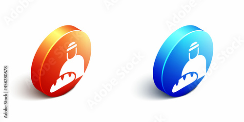 Isometric Feeding the homeless icon isolated on white background. Help and support. Giving food to the hungry concept. Orange and blue circle button. Vector
