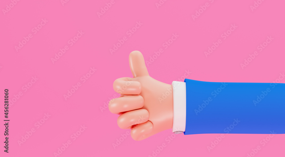 Hand in a business suit points a thumbs up, 3d. A cartoon hand of a businessman shows a gesture of approval. Man shows like gesture, keeps thumb up on a pink background, 3d render. Hand in a business suit points a thumbs up, 3d. A cartoon hand of a businessman shows a gesture of approval. Man shows like gesture, keeps thumb up on a pink background, 3d render.