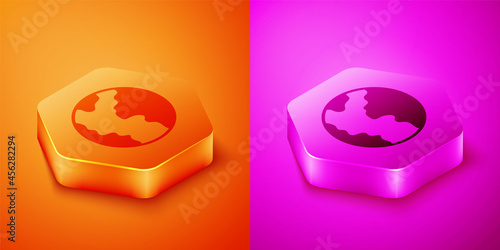 Isometric Global economic crisis icon isolated on orange and pink background. World finance crisis. Hexagon button. Vector
