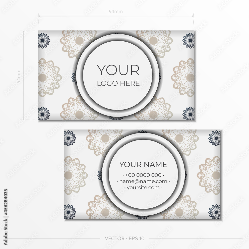 Template for printing design business cards White color with black vintage patterns. Vector Business card preparation with Greek ornament.