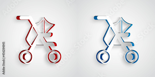 Paper cut Baby stroller icon isolated on grey background. Baby carriage, buggy, pram, stroller, wheel. Paper art style. Vector