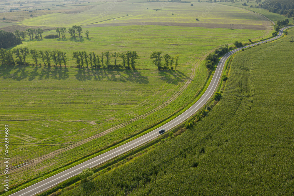 Asfaltowa droga przebiegająca przez pola uprawne. Widok z drona.