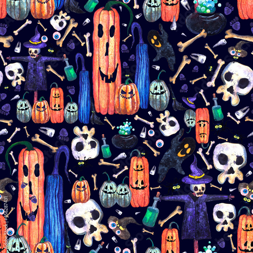 A pattern of funny pumpkins, skeletons,elixir, eyes, ghosts, scarecrows,and various junk.For decorating fabrics,for printing brochures,posters,parties, vintage textile design, postcards, packaging.