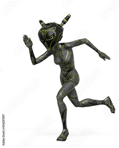 girl is running fast on scifi suit