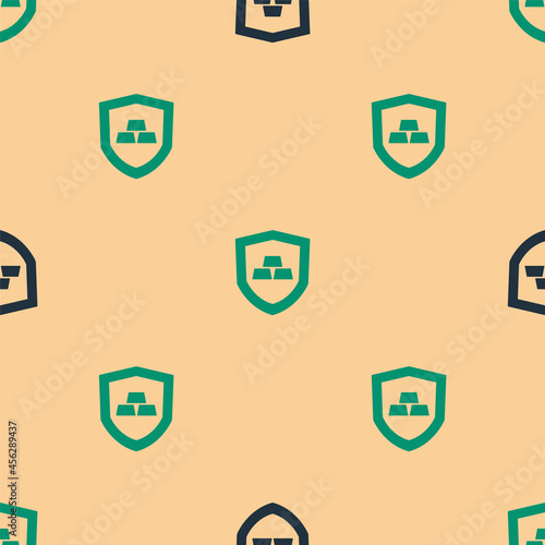 Green and black Gold bars with shield icon isolated seamless pattern on beige background. Banking business concept. Vector