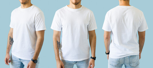 Man wearing a mock up white t-shirt in a studio