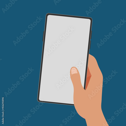 A beautiful hand grabbing a white blank screen smartphone template isolated background flat vector illustration.Social communication, gaming, working with smartphone 