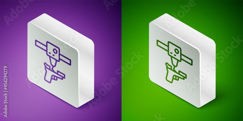 Isometric line 3D printer gun icon isolated on purple and green background. 3d printing. Silver square button. Vector