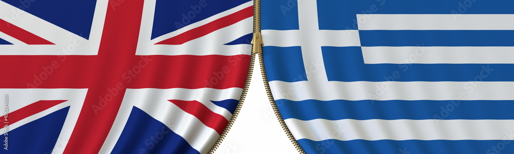 the United Kingdom and Greece cooperation or conflict, flags and closing or opening zipper between them. Conceptual 3D rendering the United Kingdom and Greece cooperation or conflict, flags and closing or opening zipper between them. Conceptual 3D rendering