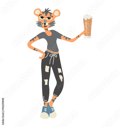 Quadro su tela An important tigress in human form with a glass of beer