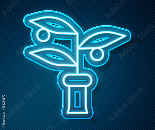 Glowing neon line Plant breeding icon isolated on blue background. Plants growing in the test tubes. Organic food ,agriculture and hydroponic. Vector