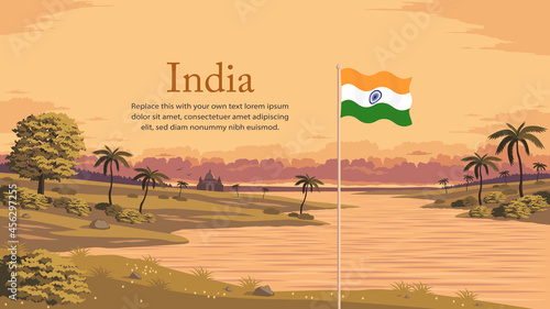 Detailed flat vector illustration of a flying flag of India in front of a scenic national landscape. Happy Independence Day. Contains a placeholder text.