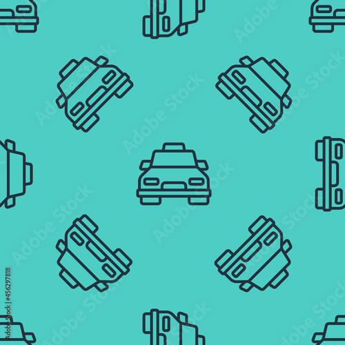 Black line Taxi car icon isolated seamless pattern on green background. Vector