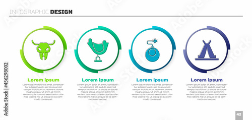 Set Buffalo skull, Wild west saddle, Bomb ready to explode and Indian teepee or wigwam. Business infographic template. Vector