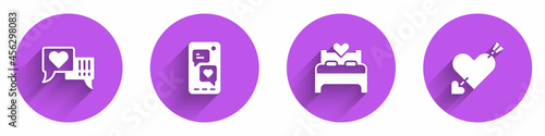 Set Heart in speech bubble, Mobile with heart, Bedroom and Amour and arrow icon with long shadow. Vector