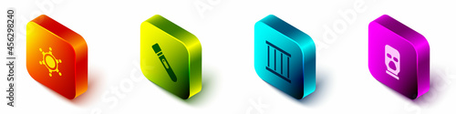 Set Isometric Hexagram sheriff, Flashlight, Prison window and Balaclava icon. Vector