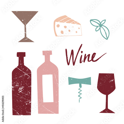 A set of images on the theme of wine in a retro style. Vector. Bottles, glasses, cheese, corkscrew. Illustration. Hand drawing. Colored on a white background. Scuff texture