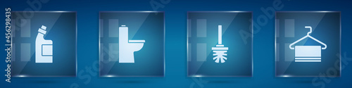 Set Bottle for cleaning agent, Toilet bowl, brush and Towel on hanger. Square glass panels. Vector