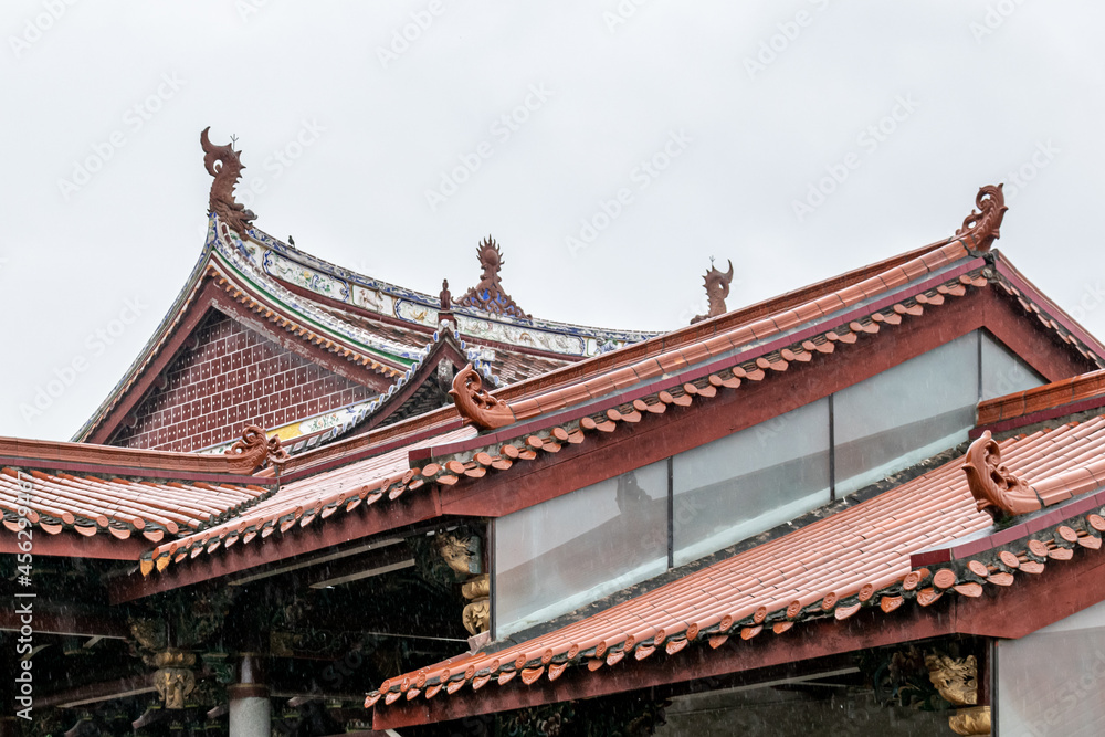 Part of Chinese traditional Buddhist architecture in the rain