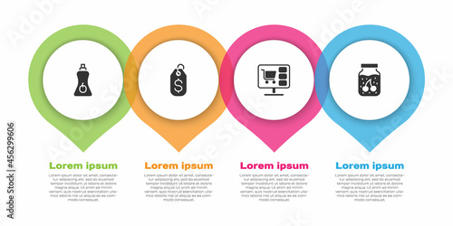 Set Sauce bottle, Price tag with dollar, Shopping cart on computer and Jam jar. Business infographic template. Vector