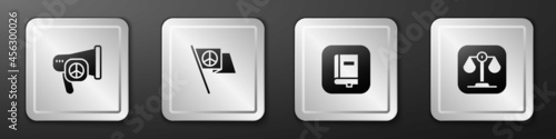 Set Peace, , Law book and Scales of justice icon. Silver square button. Vector