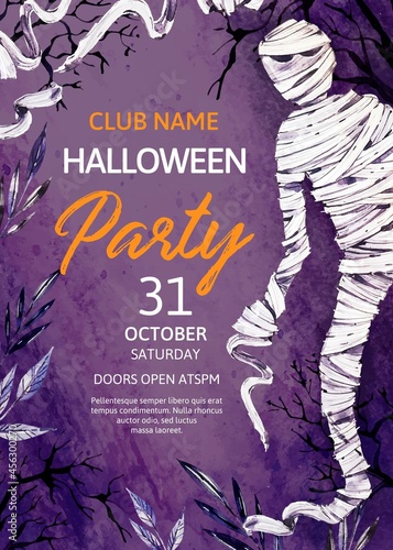 watercolor halloween party poster with mummy design vector illustration