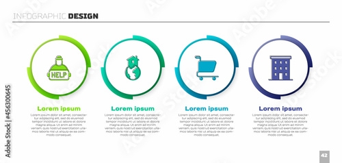 Set Help homeless, Shelter for, Shopping cart and Multi storey building. Business infographic template. Vector