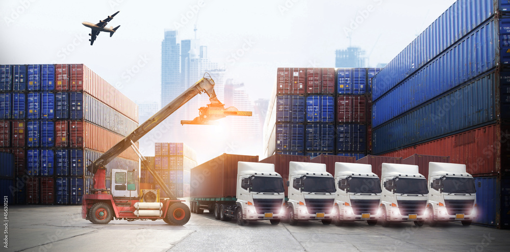 Double exposure of work area industry and safety concept container ...