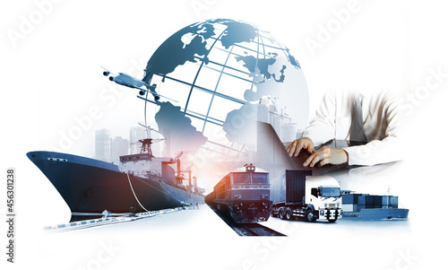 Double exposure of businessman work  industry and safety concept container truck ,ship in port and freight cargo plane in transport and import-export commercial logistic ,shipping business industry